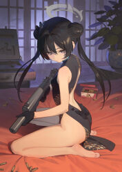 Rule 34 | 1girl, 9x19mm parabellum, ammunition, ammunition box, ass, back, bare arms, bare legs, bare shoulders, barefoot, black dress, black gloves, blue archive, braid, braided bun, breasts, bullet, butterfly hair ornament, china dress, chinese clothes, cs/ls06, double bun, dragon print, dress, gloves, grey eyes, grey halo, gun, hair bun, hair ornament, halo, handgun cartridge, helical magazine, high-capacity magazine, highres, holding, holding weapon, kisaki (blue archive), long hair, looking at viewer, pelvic curtain, pistol cartridge, print dress, small breasts, solo, submachine gun, suppressor, timbougami, weapon, weapon case