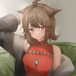 Rule 34 | 1girl, absurdres, animal ears, arknights, arm up, bare shoulders, blush, brown hair, closed mouth, commentary, cutter (arknights), hair ornament, hairclip, hand in own hair, highres, jewelry, looking at viewer, mameppu, off shoulder, orange eyes, pendant, red shirt, shirt, short hair, sleeveless, sleeveless shirt, solo, topknot, turtleneck, turtleneck shirt, upper body, x hair ornament
