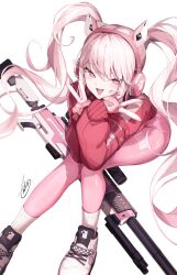 1girl alice_(nikke) ankoro_mochi bodysuit commentary_request double_v goddess_of_victory:_nikke gun headphones highres jacket long_hair looking_at_viewer pink_bodysuit pink_eyes pink_hair pink_jacket rifle shoes simple_background smile socks solo twintails v very_long_hair weapon white_background white_shoes white_socks