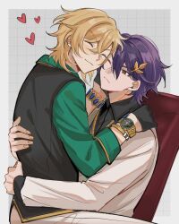 2boys ^_^ aqua_shirt aventurine_(final_victor)_(honkai:_star_rail) aventurine_(honkai:_star_rail) black_gloves black_shirt black_vest blonde_hair blue_sweater_vest blush border bracelet chair cheek-to-cheek closed_eyes closed_mouth coat collared_shirt commentary crossed_bangs dr._ratio_(academia)_(honkai:_star_rail) dr._ratio_(honkai:_star_rail) english_commentary frown gloves grey_background grid_background hair_between_eyes hair_ornament half_gloves heads_together heart highres honkai:_star_rail honkai_(series) hug jewelry lab_coat long_sleeves looking_at_another male_focus meronppaii multiple_boys official_alternate_costume on_chair one_eye_closed open_clothes open_coat outside_border parted_bangs purple_hair red_eyes shirt short_hair sitting sitting_on_lap sitting_on_person smile sweater_vest v-shaped_eyebrows vest watch white_border white_coat wing_collar wristwatch yaoi