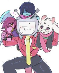 1girl 1other 2boys ant_tenna armlet armor arms_up axe belt_buckle black_pants blue_hair blue_skin blush bracelet buckle cape carrying carrying_over_shoulder carrying_person colored_sclera colored_skin colored_teeth crt deltarune furry furry_female furry_male goat_boy green-framed_eyewear holding holding_axe jewelry kris_(dark_world)_(deltarune) kris_(deltarune) medium_hair multiple_boys necktie object_head pants partially_shaded_face pink_cape pink_hair pink_skin pointy_nose purple_shirt ralsei red_eyes red_scarf scarf sharp_teeth shirt small_sweatdrop smile sparkle spiked_armlet spiked_bracelet spikes suchi_pu susie_(dark_world)_(deltarune) susie_(deltarune) sweat tailcoat teeth trembling yellow_necktie yellow_sclera yellow_teeth