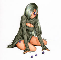 1girl breasts colored_pencil_(medium) commentary dead-kittens3 dress female_focus marble marble_pie meme_attire my_little_pony my_little_pony:_friendship_is_magic open-chest_sweater personification ribbed_sweater solo sweater sweater_dress traditional_media