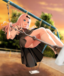 1girl black_bow black_dress blue_eyes blunt_bangs bow breasts cloud commentary_request dress fujiwara_chika gibun_(sozoshu) hair_bow highres kaguya-sama_wa_kokurasetai_~tensai-tachi_no_renai_zunousen~ kneehighs large_breasts legs long_hair on_swing open_mouth orange_sky outdoors panties pantyshot pink_hair revision school_uniform shuuchiin_academy_school_uniform sky smile socks solo standing standing_on_swing summer_uniform sunset swing swinging_on_swing teeth thighs underwear upper_teeth_only upskirt