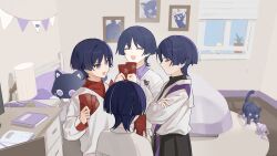 4boys alternate_costume animalization aranara_(genshin_impact) bed bird black_hair black_shorts blunt_ends book breast_pocket bunting casual chinese_new_year chinese_text closed_eyes contemporary crossed_arms desk desk_lamp facing_another fatui_logo finch genshin_impact grey_hair hand_on_own_arm highres hongbao indoors lamp light_blush long_sleeves looking_at_another multicolored_hair multiple_boys multiple_persona open_book open_mouth person_and_animalization pillow plant pocket potted_plant purple_eyes purple_shawl purple_undershirt red_undershirt scaramouche_(cat)_(genshin_impact) scaramouche_(genshin_impact) shawl shirt shorts streaked_hair stuffed_animal stuffed_toy teeth touxin_0316 upper_teeth_only wanderer_(fairy_tale_cat)_(genshin_impact) wanderer_(genshin_impact) wanderer_(wanderer_impression)_(genshin_impact) white_shirt white_sleeves window wispy_bangs yarn yarn_ball
