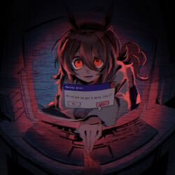 1girl agnes_tachyon_(umamusume) ahoge animal_ears coat computer_keyboard desk film_grain fisheye hair_between_eyes highres horse_ears horse_girl horse_tail lab_coat long_sleeves medium_hair monitor pov red_eyes solo tail through_medium through_screen uma2_0429 umamusume white_coat