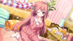 2girls bandou_mikuru barefoot bow breasts buttons collarbone couch cup cupcake curtains dot_nose drinking_glass dutch_angle film_grain finger_to_mouth floral_print food game_cg gingham gingham_pajamas glass_plate grey_bow haeno_akari hair_bow icing indoors izumi_tsubasu jar juice large_breasts long_hair lying multiple_girls non-web_source official_art on_couch on_floor on_stomach one_eye_closed orange_hair orange_juice pajamas pillow plaid_bow plaid_clothes plaid_pajamas plant pocky popcorn potted_plant purple_eyes re:stage! rug sitting smile solo_focus sparkle striped_pillow trash_can very_long_hair wariza wooden_floor