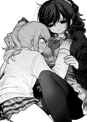 Rule 34 | 1girl, 1other, absurdres, accidental pervert, akiyama mizuki, asahina mafuyu, blush, bow, cardigan, greyscale, hair bow, high ponytail, highres, jihecchi, kamiyama high school uniform (project sekai), long hair, miyamasuzaka girls&#039; academy school uniform, monochrome, neckerchief, pantyhose, plaid clothes, plaid skirt, pleated skirt, ponytail, project sekai, sailor collar, school uniform, side ponytail, simple background, skirt, sweat