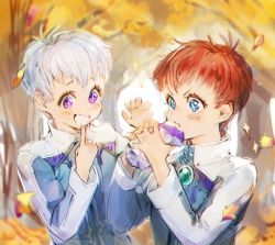 2boys aged_down albedo_piazzolla autumn blue_eyes bomssp child drooling eating food_in_mouth jr. leaf multiple_boys purple_eyes red_hair star-shaped_pupils star_(symbol) symbol-shaped_pupils white_hair xenosaga
