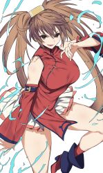 1girl bare_legs bare_shoulders brown_eyes brown_hair china_dress chinese_clothes detached_sleeves dress guilty_gear guilty_gear_x guilty_gear_xx hair_between_eyes high_heels highres kuma_(jk0073) kuradoberi_jam leg_up long_hair open_mouth pelvic_curtain pleated_skirt skirt solo standing standing_on_one_leg thick_thighs thighs v-shaped_eyebrows white_background wide_sleeves