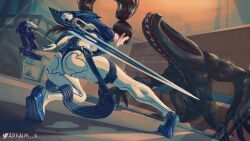 1girl absurdres alien arkaim ass battle black_bodysuit black_hair bodysuit chainsaw commentary drone elite_naytiba_(stellar_blade) english_commentary eve_(stellar_blade) fighting_stance floating from_behind highres holding holding_sword holding_weapon levitation long_hair monster naytiba_(stellar_blade) non-humanoid_robot outdoors outstretched_leg ponytail raven_suit_(stellar_blade) robot science_fiction skin_tight squatting stalker_(stellar_blade) stellar_blade sword twitter_username two-tone_bodysuit very_long_hair weapon white_bodysuit