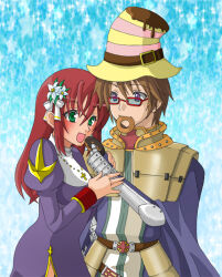 1boy 1girl armor blue_background blue_cape breastplate brown_hair cape commentary_request cowboy_shot cross cross_necklace crusader_(ragnarok_online) donut dress feeding flower food gauntlets glasses green_eyes hair_flower hair_ornament hat jewelry juliet_sleeves long_hair long_sleeves looking_at_another monou0135 necklace open_mouth pauldrons priest_(ragnarok_online) puffy_sleeves purple_dress purple_eyes ragnarok_online red-framed_eyewear short_hair shoulder_armor side_slit tabard top_hat white_flower white_tabard yellow_hat