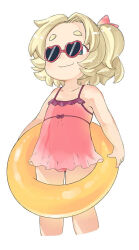 1girl bare_arms bare_shoulders blonde_hair blue_eyes child closed_mouth collarbone cream_pie_(nijiura_maids) croixsan flat_chest futaba_channel hair_ribbon heart heart-shaped_eyewear holding holding_swim_ring image_sample innertube nijiura_maids one-piece_swimsuit one_side_up pink_one-piece_swimsuit pink_ribbon red-framed_eyewear ribbon short_hair simple_background smile solo sunglasses swim_ring swimsuit thick_eyebrows white_background yellow_innertube