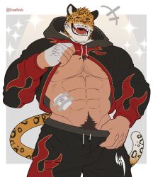 +++ 1boy abs absurdres artist_name bandaged_stomach bara black_jacket black_pants closed_eyes clothes_lift clothes_pull commentary drawreshi english_commentary facing_viewer fangs furry furry_male highres hood hood_down hooded_jacket jacket jaguar_boy jaguar_tail king_(tekken) laughing male_focus muscular muscular_male navel nipples open_mouth pants pants_pull pectorals pubic_hair shirt_lift smile sparkle spotted_fur tail tekken twitter_username