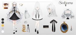 artist_request black_ribbon reference_sheet check_artist dress flower_ornament frilled_dress frills grey_background highres indie_virtual_youtuber leaf lolita_fashion long_hair ribbon shoes smile socks sofieru white_hair white_socks yellow_eyes