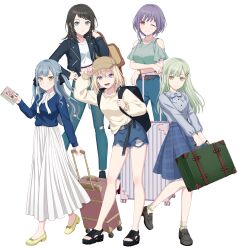 Rule 34 | 5girls, ave mujica (bang dream!), backpack, bag, bang dream!, bang dream! it&#039;s mygo!!!!!, baseball cap, bead necklace, beads, belt, black bag, black belt, black footwear, black hair, black jacket, black ribbon, blue cardigan, blue eyes, blue hair, blue pants, blue shirt, blue shorts, blue skirt, bow, bowtie, breasts, brown bag, brown belt, brown hat, cardigan, crop top, dress, earrings, green hair, grey bow, grey bowtie, grey footwear, grey shirt, hair ornament, hair ribbon, hairclip, hand on own hip, hat, highres, jacket, japan railways, jewelry, long hair, long sleeves, medium breasts, medium hair, midriff, misumi uika, multiple girls, multiple rings, necklace, official art, one eye closed, open clothes, open jacket, open mouth, pants, pink eyes, plaid clothes, plaid skirt, purple eyes, purple hair, ribbon, ring, rolling suitcase, shirt, short hair, short shorts, shorts, sidelocks, simple background, skirt, suitcase, sweater, sweater partially tucked in, teeth, togawa sakiko, torn clothes, torn pants, transparent background, upper teeth only, wakaba mutsumi, white dress, white shirt, white sweater, yahata umiri, yellow eyes, yuutenji nyamu