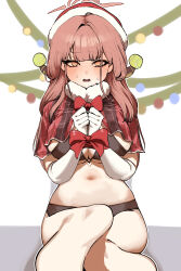 1girl absurdres aru_(blue_archive) blue_archive bound bound_wrists breasts christmas chroong demon_horns halo hat highres horns long_hair pink_hair restrained santa_costume santa_hat