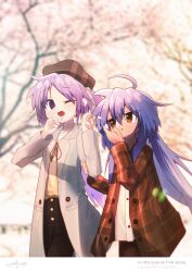 2girls absurdres ap04astral black_pants blowing blue_eyes blue_hair bow bowtie brown_bow brown_bowtie brown_hat cherry_blossoms day dress_shirt falling_leaves giggling gingham hat highres hiiragi_kagami holding_another&#039;s_arm izumi_konata jacket leaf lucky_star multiple_girls one_eye_closed pants purple_hair red_jacket shirt spring_(season) white_bow white_shirt yellow_shirt