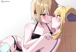 2girls blonde_hair breasts cleavage collarbone commentary hair_ornament hair_over_one_eye hairclip heaven_burns_red highres imminent_kiss kayamori_ruka long_hair multiple_girls puyopiku red_eyes shirakawa_yuina short_hair sidelocks swimsuit yuri