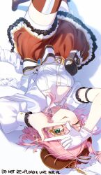 1girl absurdres alternate_costume aqua_eyes asymmetrical_sleeves breasts brooch casual charlotte_(genshin_impact) cleavage closed_mouth genshin_impact gloves highres imasaki_kei jewelry long_sleeves looking_at_viewer lying on_back pink_hair red_skirt red_thighhighs shirt short_hair short_sleeves simple_background single_glove skirt smile thighhighs tongue tongue_out twitter_username uneven_sleeves upside-down white_background white_gloves white_shirt