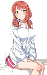 1girl absurdres blush breasts closed_mouth collarbone dolphin_shorts green_eyes hair_ribbon hands_on_lap highres large_breasts long_sleeves love_live! love_live!_nijigasaki_high_school_idol_club low_twintails official_alternate_costume on_bed orange_hair oversized_clothes oversized_shirt pink_ribbon pink_shorts ribbon shirt short_shorts shorts simple_background sitting sleeves_past_wrists smile solo tokimeki_no_mirai_chizu twintails uchuu_no_mozuku uehara_ayumu white_background white_shirt