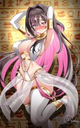 Rule 34 | 1girl, @ @, ancient egyptian clothes, armpits, azki (hololive), blush, breasts, brown hair, cleavage, closed eyes, cowboy shot, egyptian trend (meme), hieroglyphics, highres, hololive, inokeiwd, large breasts, long hair, meme, multicolored hair, nervous smile, pink hair, revealing clothes, see-through clothes, smile, solo, tears, thighhighs, two-tone hair, very long hair, virtual youtuber, white thighhighs