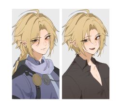 1boy ahoge black_shirt blonde_hair blue_scarf blue_shirt blush closed_mouth collared_shirt ear_piercing fang grey_eyes hair_between_eyes hashtag-only_commentary heterochromia highres hssfaxee hugo_vlad long_hair looking_at_viewer male_focus mole mole_under_eye multiple_views open_mouth piercing pointy_ears red_eyes scarf shirt simple_background skin_fang upper_body zenless_zone_zero