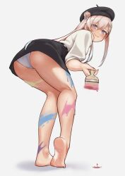 1girl absurdres aiharararara airani_iofifteen ass bare_legs barefoot bent_over beret black_hat black_skirt blush bow closed_mouth feet from_behind full_body grey_background hair_between_eyes hair_bow hair_bun hair_ornament hat heel_up highres holding holding_paintbrush hololive hololive_indonesia legs long_hair looking_at_viewer miniskirt paintbrush panties pink_hair purple_eyes shadow shirt simple_background skirt smile soles solo toes underwear virtual_youtuber white_panties white_shirt