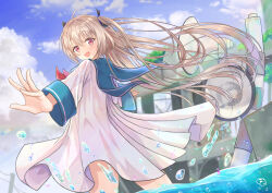 1girl :d absurdres ahoge atri atri-my_dear_moments- black_ribbon blue_sailor_collar blue_sky blurry blush cloud commentary_request commission cowboy_shot day depth_of_field dress dutch_angle eyelashes eyes_visible_through_hair floating_clothes floating_hair grey_hair hair_between_eyes hair_ribbon happy highres long_hair long_sleeves looking_at_viewer looking_back neckerchief open_hands open_mouth outdoors outstretched_arms rainbow red_eyes red_neckerchief rgrey00 ribbon sailor_collar sailor_dress school_uniform serafuku short_dress skeb_commission sky smile solo standing straight_hair summer two_side_up very_long_hair wading water water_drop white_dress wide_sleeves