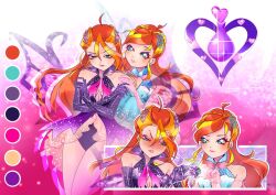2girls ahoge alternate_universe aqua_eyes bad_id bad_twitter_id bare_legs bare_shoulders blonde_hair bloom_(winx_club) blue_dress blue_wings blush bottle bow bowtie braid breasts broken_heart chocofish cleavage clenched_teeth closed_mouth collared_dress color_guide commentary cowboy_shot crossed_arms crown_braid dark_bloom_(winx_club) dress drop_shadow dual_persona earrings elbow_gloves embarrassed enchantix english_commentary eyelashes eyeshadow fairy fairy_wings flying frilled_dress frills glitter gloves gradient_background hair_ornament half-closed_eyes halter_dress halterneck hand_on_another&#039;s_shoulder happy heart heart-shaped_hair heart_earrings heart_hair_ornament highres jewelry leotard leotard_under_clothes lipstick long_hair magical_girl makeup motion_blur multicolored_hair multiple_girls neck_ribbon open_clothes open_dress orange_hair outline pink_background pink_bow pink_bowtie pink_gloves pink_lips pink_ribbon pout purple_dress purple_eyeshadow purple_gloves purple_leotard purple_wings red_lips ribbon short_dress sparkle streaked_hair teeth thighs two-tone_hair v-shaped_eyebrows very_long_hair white_outline wings winx_club