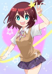 1girl absurdres aqua_eyes blue_background brown_vest colorful_background commentary ebiura_akane hair_ornament heart highres looking_at_viewer luluco neck_ribbon open_mouth purple_skirt red_hair ribbon shirt skirt smile solo sparkle star_(symbol) star_hair_ornament uchuu_patrol_luluco v vest white_shirt