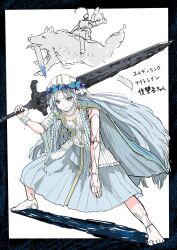 1boy 1girl afterimage animal armor artorias_the_abysswalker barefoot black_border blue_border blue_cape blue_eyes border braid cape colored_eyelashes commentary_request company_connection cracked_skin crossover dark_souls_(series) dark_souls_i doll_joints dress earrings elden_ring elden_ring_nightreign flower_wreath great_grey_wolf_sif greatsword head_wreath highres holding holding_weapon hoop_earrings jewelry joints looking_at_viewer low_twin_braids miya_zirou motion_lines necklace over_shoulder oversized_animal pale_skin parody revenant_(elden_ring) riding riding_animal scene_reference simple_background single_bare_arm sword sword_over_shoulder translation_request twin_braids veil waving weapon weapon_over_shoulder white_background white_dress white_eyelashes white_hair white_veil wolf wrist_wrap