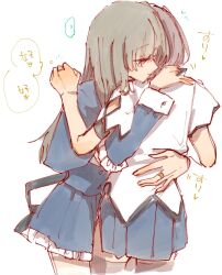 Rule 34 | 2girls, ?, arm cutout, arm strap, assault lily, black capelet, black hair, black skirt, brown hair, capelet, closed mouth, commentary, cow, cropped legs, detached sleeves, facing away, frilled sleeves, frills, grey thighhighs, hair between eyes, hand on another&#039;s back, hand on another&#039;s shoulder, hand up, heads together, heart, high-waist skirt, highres, hug, jewelry, kuo shenlin, long hair, miniskirt, motion lines, multiple girls, no pupils, pink eyes, pleated skirt, profile, ring, rui rui rui0122, school uniform, shirt, short-sleeved sweater, short sleeves, simple background, skirt, smile, speech bubble, spoken heart, spoken question mark, standing, sweater, thighhighs, translation request, wang yujia, white background, white shirt, yuri, yurigaoka girls academy school uniform