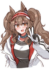 1girl :d absurdres angelina_(arknights) animal_ears arknights black_gloves black_shirt blush brown_hair collarbone commentary_request cropped_torso gloves hairband highres infection_monitor_(arknights) jacket long_hair long_sleeves looking_at_viewer maiq06 open_clothes open_jacket open_mouth red_hairband shirt simple_background smile solo split_mouth t-shirt w white_background white_gloves white_jacket yellow_eyes