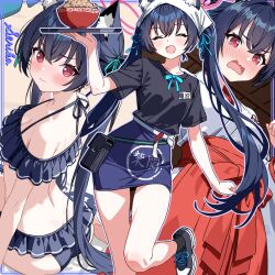 animal_ears bare_shoulders bikini black_socks blue_archive blue_bikini cat_ears hair_between_eyes halo highres holster official_alternate_costume pink_halo ponytail purple_hair red_eyes red_skirt serika_(blue_archive) serika_(new_year)_(blue_archive) serika_(swimsuit)_(blue_archive) skirt socks swimsuit thighs tokinin4 twintails