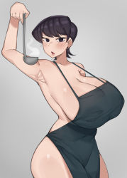 1girl 2022 alternate_breast_size apron arm_up armpits black_eyes black_hair blush bob_(bobtheneet) breast_press breasts cameltoe cleavage cowboy_shot earrings elijahzx female_focus grey_background huge_breasts jewelry komi-san_wa_komyushou_desu komi_shuuko ladle looking_at_viewer mature_female naked_apron narrow_waist purple_eyes purple_hair short_hair simple_background solo standing stud_earrings thick_thighs thighs wide_hips