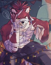 2boys abs aizawa_(nh_st) animal_hands body_fur claws commentary_request furry furry_male halloween halloween_costume highres male_focus multiple_boys mummy_costume muscular muscular_male one_eye_closed original ponytail red_fur red_hair scar scar_across_eye scar_on_face short_hair squatting string_of_flags string_of_light_bulbs translation_request wolf_boy yellow_eyes