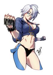 1girl angel_(kof) backless_pants blue_eyes breasts chaps cleavage crop_top cropped_jacket fingerless_gloves gloves highres jacket large_breasts leather leather_jacket looking_at_viewer lucaspflp midriff navel panties pants punching raised_fists short_hair simple_background snk solo the_king_of_fighters toned toned_female underwear white_background white_hair