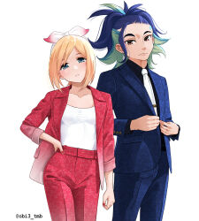 1boy 1girl absurdres adaman_(pokemon) alternate_costume black_shirt blonde_hair blue_jacket blue_pants bow_hairband brown_eyes closed_mouth collarbone commentary contemporary cowboy_shot eyebrow_cut eyelashes formal_clothes hairband hand_on_own_hip head_tilt highres irida_(pokemon) jacket long_sleeves looking_at_viewer loose_hair_strand medium_hair multicolored_hair nail_polish necktie nintendo obi3 open_clothes open_jacket pants pokemon pokemon_legends:_arceus red_jacket red_nails red_pants shirt simple_background suit tie_clip twitter_username watermark white_background white_hairband white_necktie white_shirt