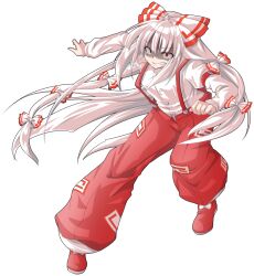 1girl alphes_(style) baggy_pants bow collared_shirt dairi dilated_pupils flat_chest fujiwara_no_mokou full_body grin hair_bow long_hair long_sleeves looking_at_viewer multiple_hair_bows ofuda ofuda_on_clothes pants parody partially_shaded_face red_bow red_eyes red_pants red_shoes red_suspenders red_trim shirt shoes smile solo style_parody suspenders tachi-e touhou transparent_background two-tone_bow very_long_hair white_bow white_hair white_shirt