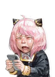 1girl ahoge anya_(spy_x_family) black_dress breasts cirenk crying dress female_focus half-closed_eyes highres holding holding_phone looking_at_viewer medium_breasts open_mouth phone pink_hair realistic solo spy_x_family teeth tongue white_background