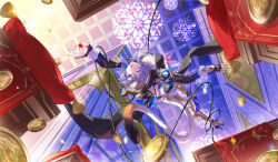 1girl 66_da_shun_l animal_ears black_gloves blue_eyes boots breasts building cat_ears cat_girl cat_tail cipher_(honkai:_star_rail) cleavage coin fingerless_gloves gloves gold_boots gold_coin gold_nails grey_hair highres holding honkai:_star_rail honkai_(series) one_eye_closed open_mouth rope solo tail thigh_boots wide_shot