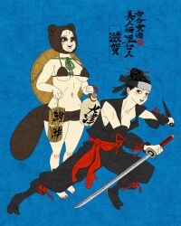 2girls absurdres animal_ears barefoot bikini black_hair black_pants black_socks blue_background breasts commentary english_commentary full_body hair_ornament hair_stick highres holding holding_knife holding_sword holding_weapon knife kunai looking_at_viewer multiple_girls navel ninja original pants raccoon_ears raccoon_girl raccoon_tail sei5osuzuki shiga_prefecture sleeveless socks standing swimsuit sword tabi tail tanuki weapon