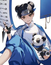 1girl animal black_gloves blue_pants brown_eyes brown_hair chinese_clothes collared_shirt cross dagger double_bun fingerless_gloves gloves hair_bun hair_up hand_up head_tilt headband high_collar highres holding holding_dagger holding_knife holding_weapon knife long_sleeves looking_at_animal looking_down looking_to_the_side naruto_(series) panda pants parted_bangs parted_lips scroll shirt simple_background sitting smile solo tenten_(naruto) usao_(313131) weapon white_background wide_sleeves