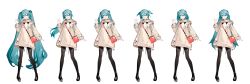1girl :d absurdres alternate_hair_length alternate_hairstyle aqua_eyes aqua_hair aqua_nails bag black_footwear black_pantyhose clothes_writing coat hair_ornament hand_up hatsune_miku highres long_hair looking_at_viewer multiple_views nail_polish open_mouth pantyhose ponytail ribbed_sweater shoes short_hair short_twintails shoulder_bag simple_background sketch smile standing sweater twintails two_side_up variations very_long_hair vocaloid waving white_background yyb