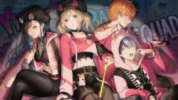 2boys 2girls animal_hood aoyagi_touya azusawa_kohane belt black_hair black_shirt blue_hair brown_eyes cat_hood collar crop_top earrings hair_ornament hairclip hamster hat highres hood hooded_jacket hoodie jacket jewelry long_hair long_sleeves looking_at_viewer male_focus multicolored_hair multiple_boys multiple_girls offtoon12 open_clothes open_mouth orange_hair pink_jacket porcupine project_sekai shinonome_akito shiraishi_an shirt short_hair short_twintails skirt smile spiked_collar spikes spray_paint star_(symbol) star_hair_ornament t-shirt twintails two-tone_hair underwear yellow_eyes