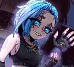 1girl absurdres aged_down arm_tattoo blue_eyes blue_hair commission commissioner_upload highres holding_locket jewelry jinx_(league_of_legends) locket makishi makishi_(duraznomaki) non-web_source pendant retro_artstyle smile solo tank_top tattoo