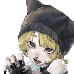 1girl animal_ear_headwear animal_ears bare_shoulders beanie black_choker black_hat black_nails blonde_hair choker claw_pose ear_piercing fake_animal_ears fang fingernails grey_eyes hat highres looking_at_viewer medium_hair ninjin_14 no_pupils open_mouth original piercing portrait simple_background solo white_background