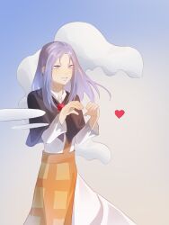 1girl black_hood blue_eyes blue_hair cloud cowboy_shot dress floating_hair gradient_background heart heart_hands highres hood hood_down jewelry kesa kumoi_ichirin long_hair long_sleeves pendant solo thursyue touhou white_dress