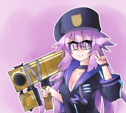 1girl adult_neptune black_box_(tf2) blush bow breasts choker cleavage collar collarbone d-pad female_focus hair_bow hair_ornament hat holding holding_weapon hood hooded_track_jacket hoodie jacket long_hair long_sleeves looking_at_viewer mahruru medium_breasts neptune_(series) no_bra open_clothes open_mouth pink_hair purple_eyes shin_jigen_game_neptune_vii simple_background smile solo star_(symbol) team_fortress_2 thigh_strap track_jacket upper_body usb weapon