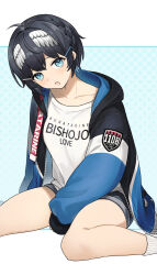 1girl :o between_legs black_hair black_shorts blue_background blue_eyes blue_hair blue_jacket blush clothes_writing collarbone commentary_request feet_out_of_frame hair_between_eyes hair_ornament hairclip hand_between_legs head_wings highres hood hood_down hooded_jacket indie_virtual_youtuber jacket kurata_rine kurata_rine_(vtuber) long_hair long_sleeves looking_at_viewer multicolored_hair open_clothes open_jacket open_mouth polka_dot polka_dot_background puffy_long_sleeves puffy_sleeves shirt short_shorts shorts sitting sleeves_past_wrists socks solo two-tone_hair virtual_youtuber white_shirt white_socks white_wings wings